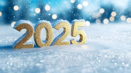 Golden numbers 2025 resting on snow, symbolizing New Year celebrations and fresh beginnings with shimmering bokeh lights.