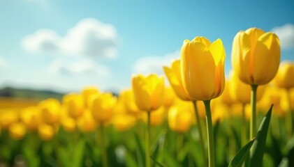 Sunny yellow tulips sway gently in the breeze, red, field