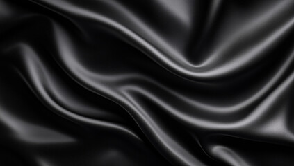 "A luxurious black silk fabric with soft waves and delicate folds, creating a smooth and elegant texture. The rich, flowing drapery enhances the depth and sophistication.