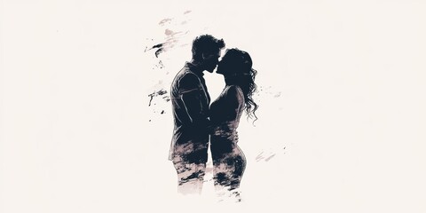 Ink-style illustration of a couple in an intimate embrace with artistic splatter effects on a light background