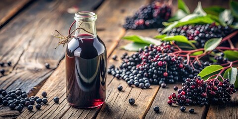 Dark Berry Juice in Glass Bottle on Rustic Wooden Table