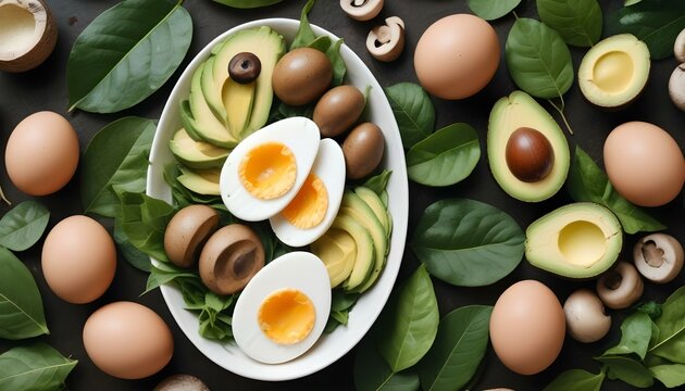 Ingredientes saludables variados que incluyen huevos duros, rodajas de aguacate, hojas verdes y champi&ntilde;ones