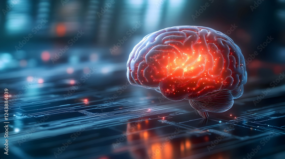 Poster innovative digital brain design representing artificial intelligence and human cognition in a high-t