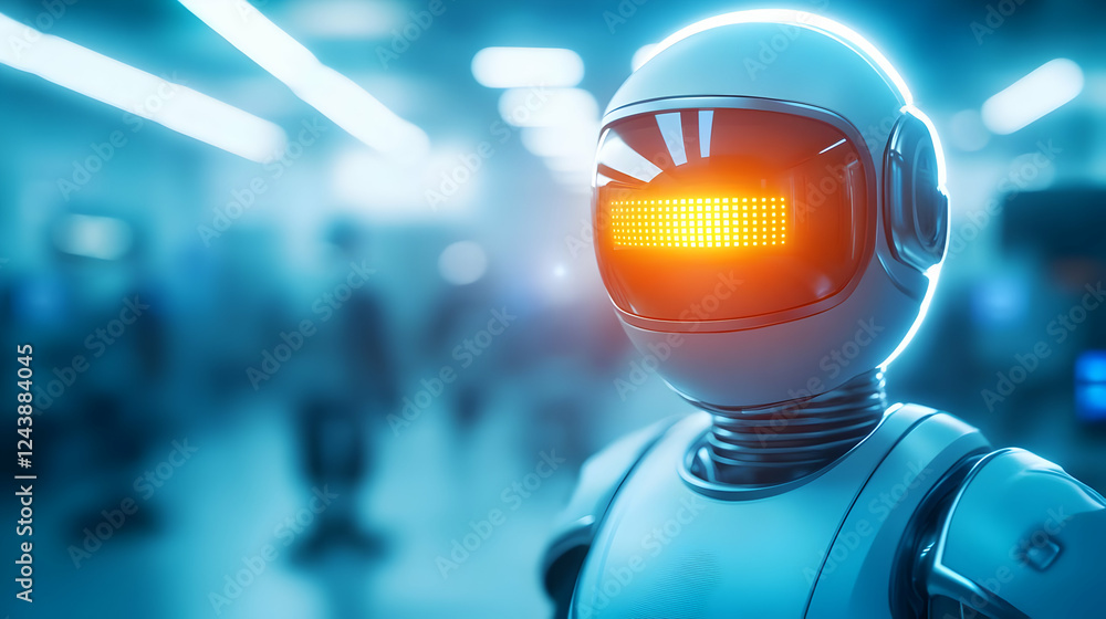 Poster innovative robot with glowing features, representing advancements in artificial intelligence and rob