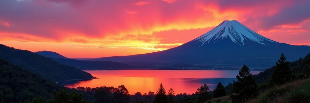Sunset over Lanin Volcano and the Andes mountains with Lake Villarrica in foreground, Nature, Landscapes