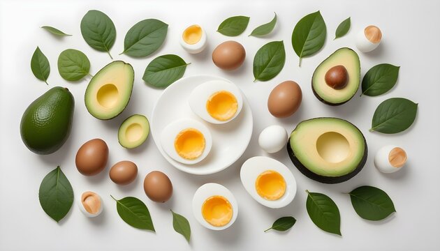 Ingredientes saludables variados que incluyen huevos duros, rodajas de aguacate, hojas verdes y champi&ntilde;ones