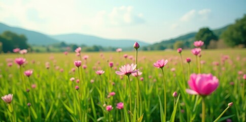 Obraz premium A field of pink tinted flowers swaying gently in the breeze on an uncultivated paddy field, uncut, greenery, landscape