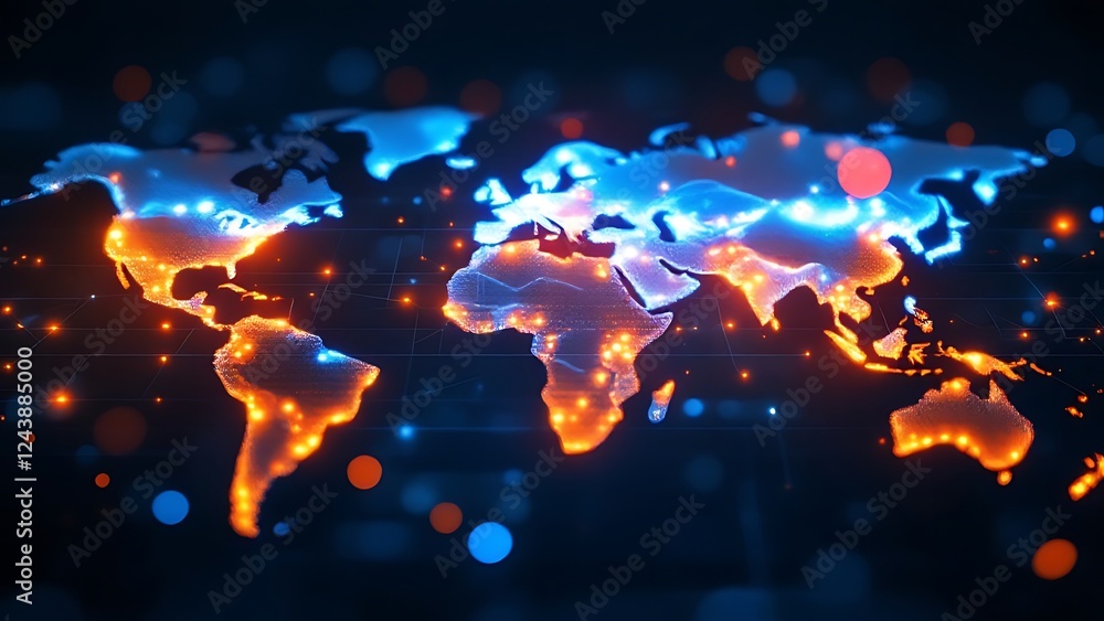Poster global digital map data world analysis internet network connection glows bright orange background wa