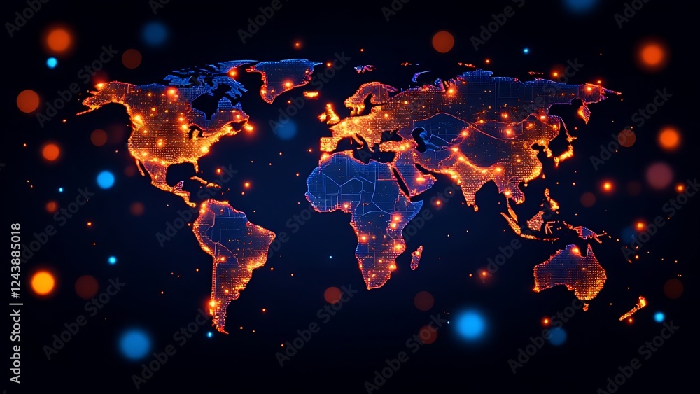 Poster global digital map data world analysis internet network connection glows bright orange background wa
