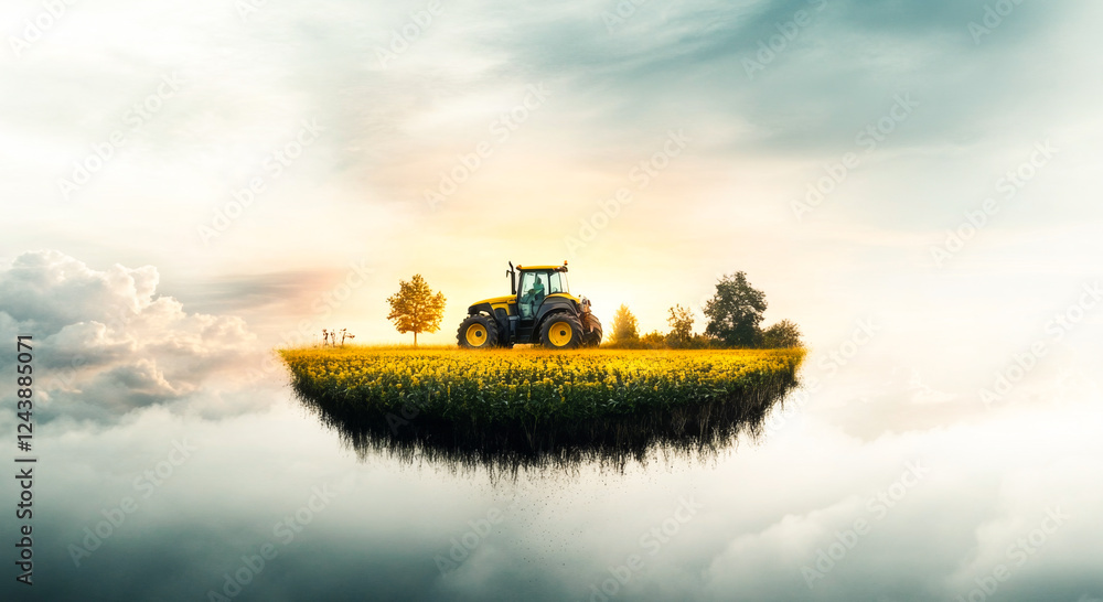 Aufkleber A smart tractor operates on a unique floating farm surrounded by lush fields and trees.