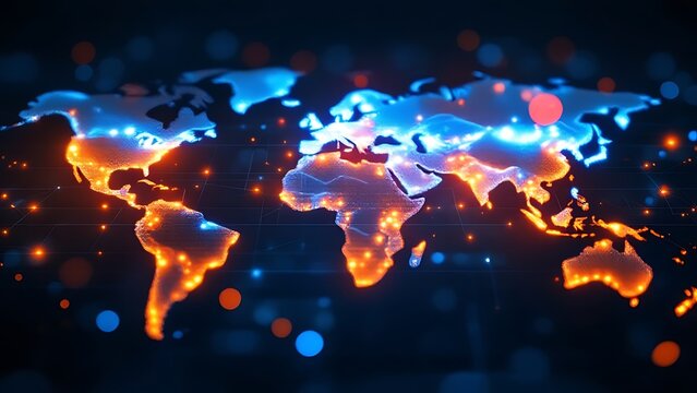 Global digital map data world analysis internet network connection glows bright orange background wallpaper AI generated image