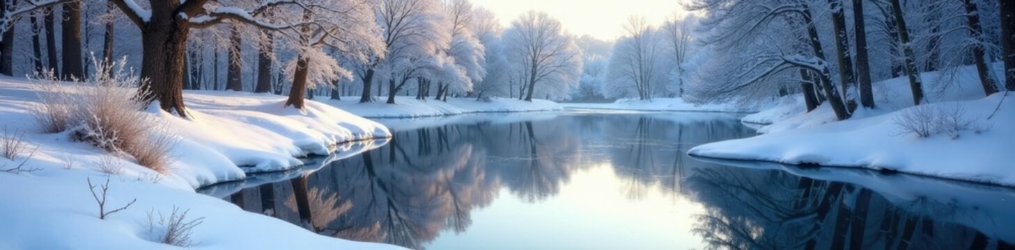 A frozen pond reflects a serene winter landscape in Framingham, snow,
