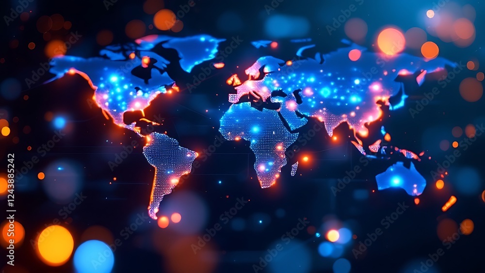 Poster global digital map data world analysis internet network connection glows bright orange background wa
