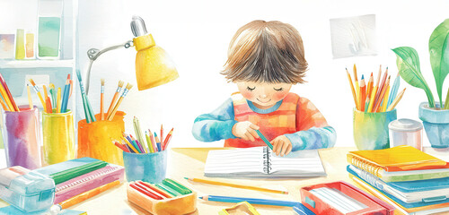 child focused on writing in notebook surrounded by colorful school supplies, creating vibrant back to school atmosphere