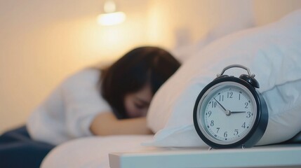 Woman sleeping soundly in bed with an alarm clock showing time close to 10:13 on bedside table, depicting a morning or sleep - related scene.