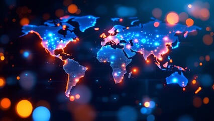 Global digital map data world analysis internet network connection glows bright orange background wallpaper AI generated image
