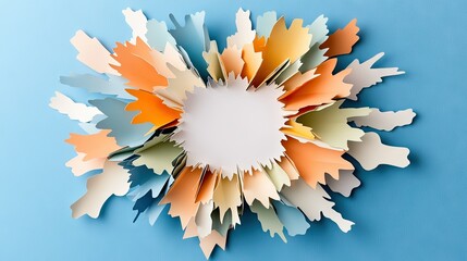 Colorful paper cutout explosion creates vibrant art piece on blue background with central blank...