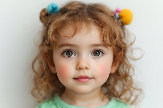 Innocence in the Gaze: A captivating portrait of a little girl with auburn curls and sparkling brown eyes, capturing her childlike charm and infectious innocence.