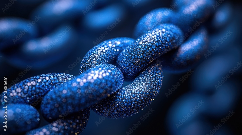 Poster close-up of shimmering blue chain links against a dark background, emphasizing texture and depth