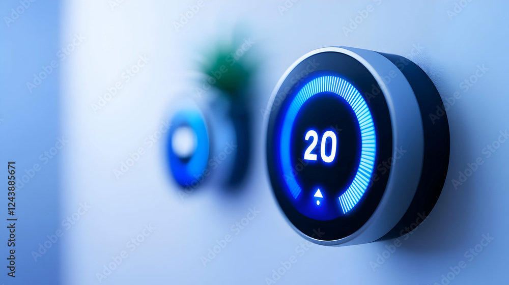 Poster modern smart thermostat displaying temperature in a stylish, energy-efficient home environment.