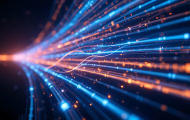 Obraz premium Realistic Fiber Optic Data Transmission with Glowing Light Trails