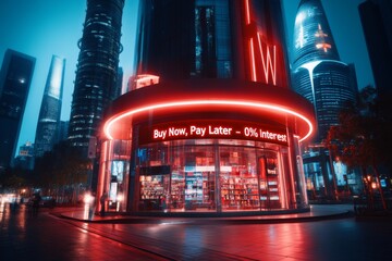 A high-end luxury store advertising "Buy Now, Pay Later - 0% Interest" on its entrance sign