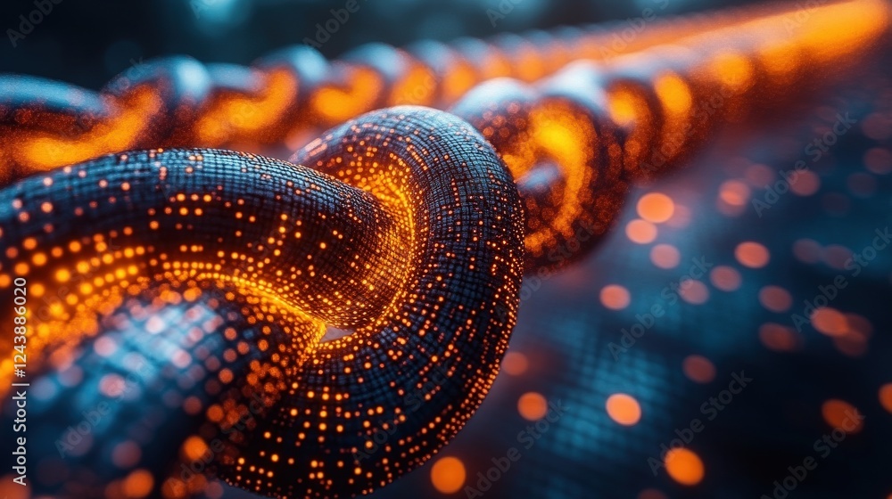 Poster close-up view of a glowing digital chain link with vibrant particles, symbolizing connectivity and t
