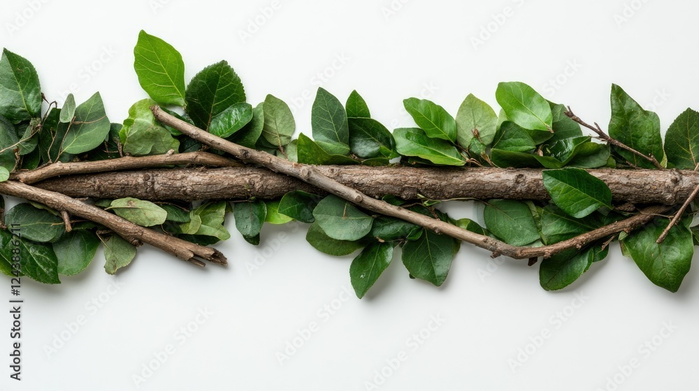 Poster green leaves and twigs arranged in a natural pattern on a white background create a calming and orga