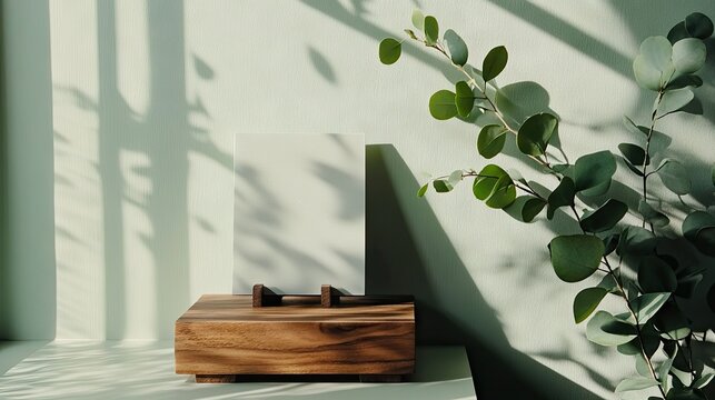 Elegant display of a blank card holder with natural shadows from plants against a pastel wall in soft lighting - Powered by Adobe