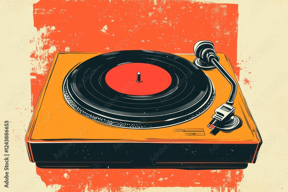 Poster vintage turntable on bright background with red record and retro style design elements