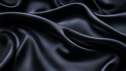 "A luxurious black silk fabric with soft waves and delicate folds, creating a smooth and elegant texture. The rich, flowing drapery enhances the depth and sophistication.