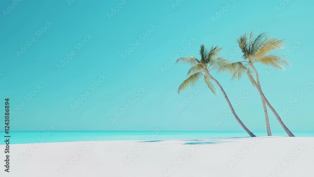 Poster palm trees gently swaying against azure sky, showcasing tranquil beachside landscape with serene oce