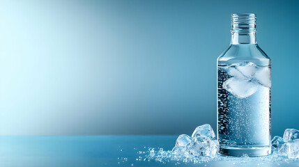 Obraz premium Refreshing water bottle with ice cubes, perfect for hydration and summer vibes.