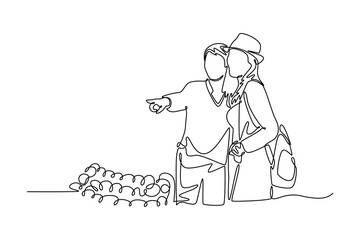 Outdoor street market concept. Single line draw design vector graphic illustration.