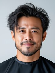 Obraz premium Asian male barber adjusts client's hairstyle in professional grooming session on white background