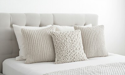 Bed Headboard Adorned with Plush Light-Colored Cushions. Generative ai