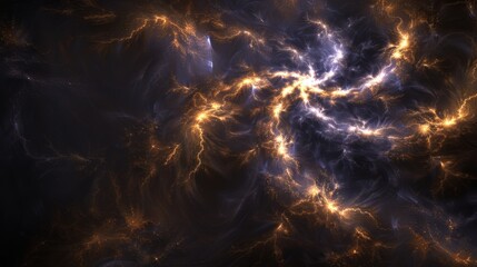 A swirling cosmic scene with vibrant colors, depicting a nebula filled with glowing gas and dust, set against a dark starry background.