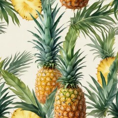 Obraz premium Watercolor artwork of a pineapple with green leaves and yellow flesh, vibrant colors, food illustration, nature-inspired, vitamin-rich