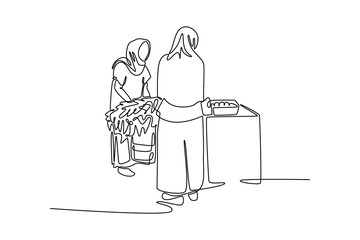 Outdoor street market concept. Single line draw design vector graphic illustration.