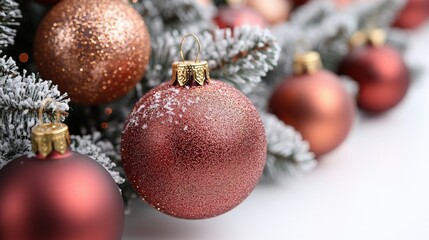 Close-up view of festive Christmas ornaments on a frosted pine branch, creating a holiday atmosphere