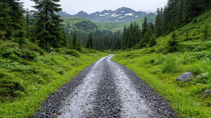 Fototapeta premium Mountain gravel road leading to valley, lush greenery