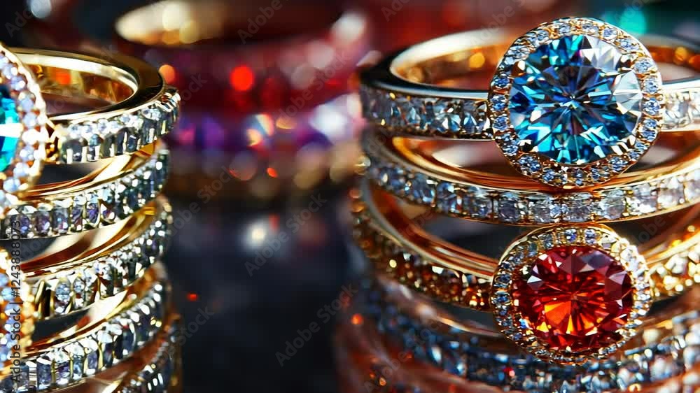 Poster Sparkling gemstone rings display with dynamic rotation and light reflection