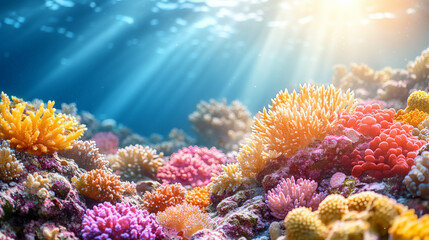 Fototapeta premium Abstract background, colorful coral underwater world in sunlight, beautiful highlights and divorces