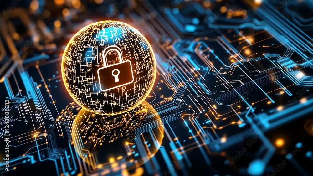 Poster futuristic digital security transformation with glowing lock and circuitry visualization