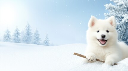 Naklejka premium Snowy winter scene featuring a playful samoyed puppy enjoying a stick in a forest covered in fresh snow