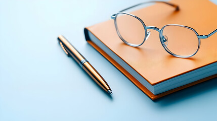 Stylish reading glasses placed on a notebook with a pen, representing productivity and organization.