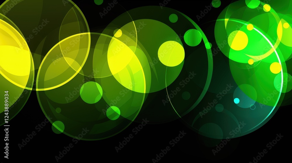 Poster a vibrant blend of translucent green and yellow circles on a dark background, creating an abstract a