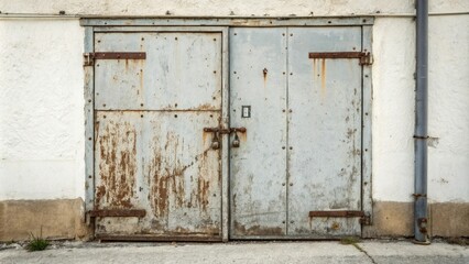 Naklejka premium Weathered metal door with rusty hinges and scratches, rusty hinges, faded paint, scratched surface, crumbling mortar