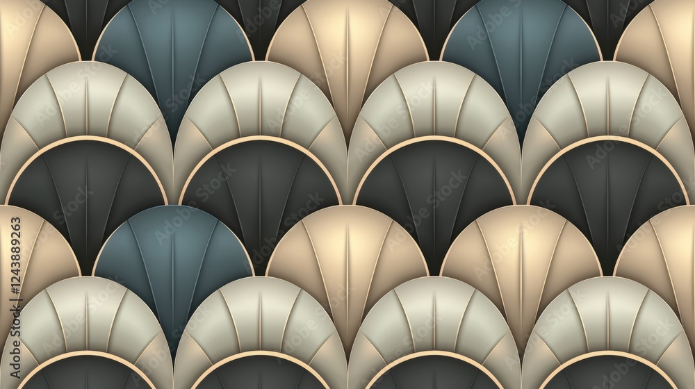 Poster a stylized pattern featuring overlapping fan-shaped designs in muted colors, creating a sophisticate