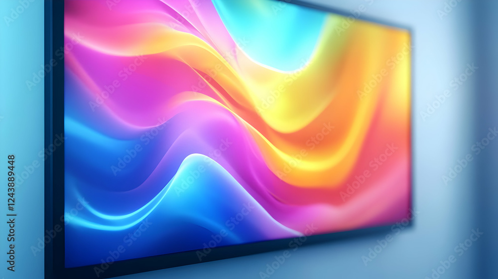 Poster vibrant abstract pattern displayed on a large screen, showcasing colorful waves and dynamic visual m